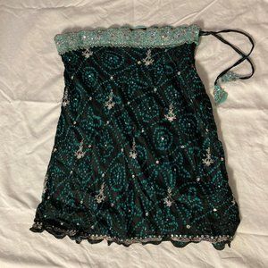 Sage | Black & Turquoise 100% Silk Skirt
